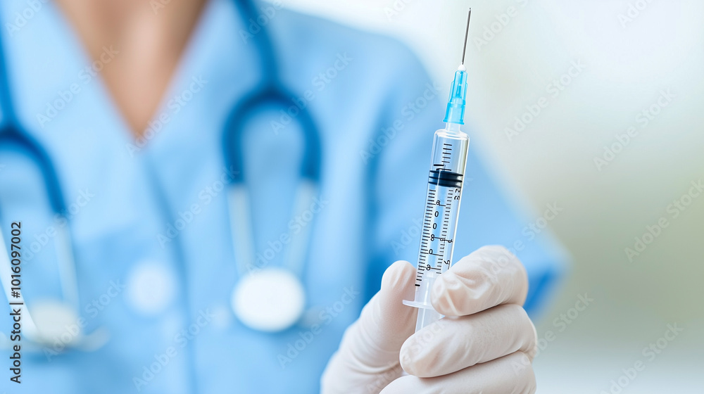 healthcare professional in blue uniform holds syringe, ready for medical procedure. image conveys sense of preparedness and care in clinical setting healthcare professional in blue uniform holds syringe, ready for medical procedure. image conveys sense of preparedness and care in clinical setting