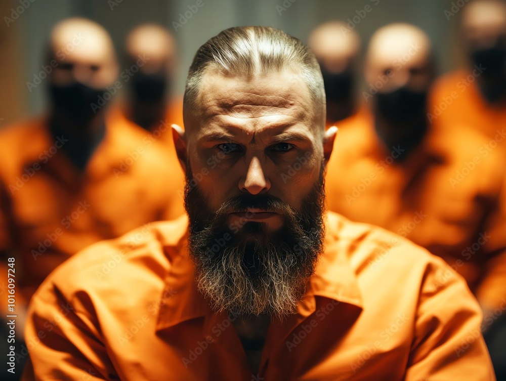 A stern man with a beard in an orange jumpsuit sits in front of masked figures, conveying themes of justice and consequence. A stern man with a beard in an orange jumpsuit sits in front of masked figures, conveying themes of justice and consequence.