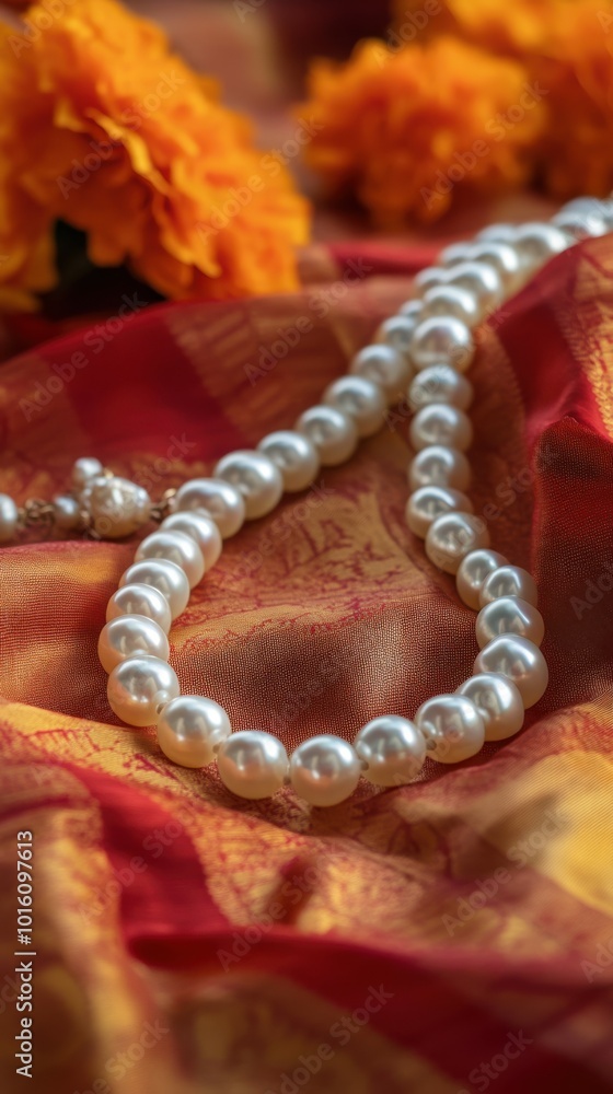 Opulent pearl necklace lying on a warm sunset orange-to-red silk fabric, with gentle marigold decorations in the background, Copy space, happy Diwali background, traditional, Indian festival Opulent pearl necklace lying on a warm sunset orange-to-red silk fabric, with gentle marigold decorations in the background, Copy space, happy Diwali background, traditional, Indian festival