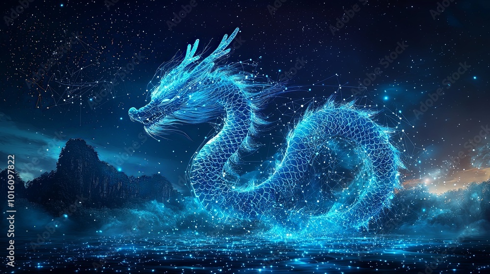 This artwork presents a mythical dragon sculpted from luminous celestial bodies, showcasing the harmonious combination of fantasy art and cosmic serenity. This artwork presents a mythical dragon sculpted from luminous celestial bodies, showcasing the harmonious combination of fantasy art and cosmic serenity.