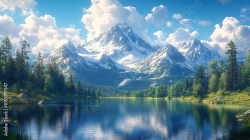 A tranquil mountain lake with snow-capped peaks reflected in the crystal-clear water under a bright blue sky with fluffy white clouds.