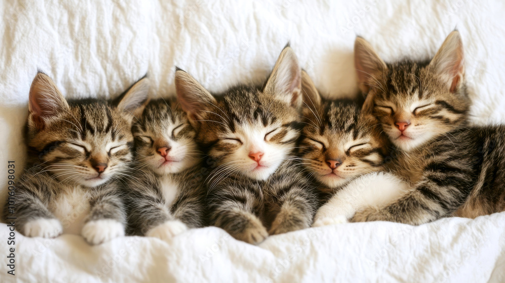 Five cute striped kittens sleeping close together on a soft white blanket, creating a heartwarming and cozy scene of relaxation Five cute striped kittens sleeping close together on a soft white blanket, creating a heartwarming and cozy scene of relaxation