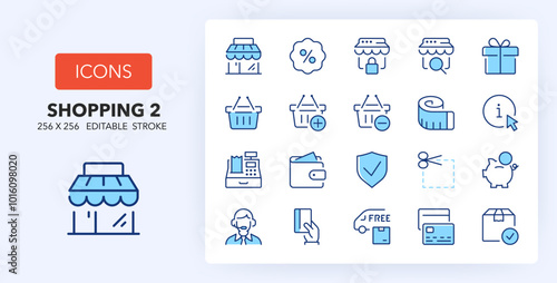 Line icons about shopping and e-commerce. Contains such icons as store, info, shopping basket and more. 256x256 Pixel Perfect editable in two colors. Set 2 of 3
