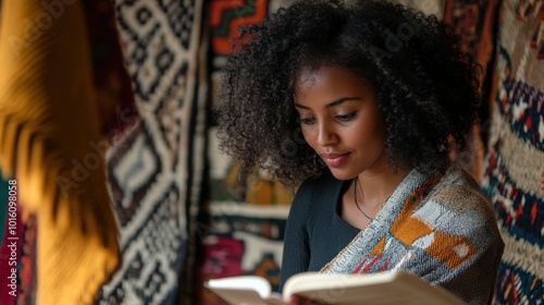 A dark-skinned woman from East Africa with natural curls working in a handwoven rug store, showing customers the intricate patterns of traditional African rugs.