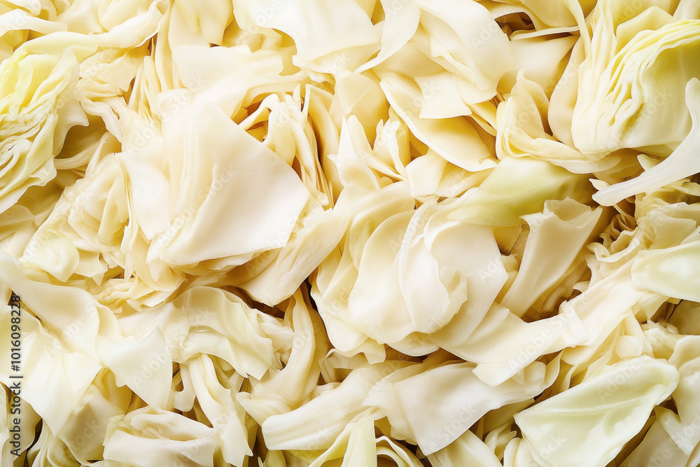 Close-up of sliced white cabbage leaves creating a textured background in a fresh and raw state, ideal for use in food-related content, salads, or culinary projects. Close-up of sliced white cabbage leaves creating a textured background in a fresh and raw state, ideal for use in food-related content, salads, or culinary projects.