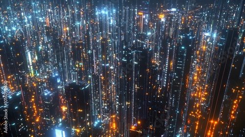 A futuristic cityscape filled with tall, glowing skyscrapers and digital elements, showcasing a vibrant, high-tech metropolis at night..