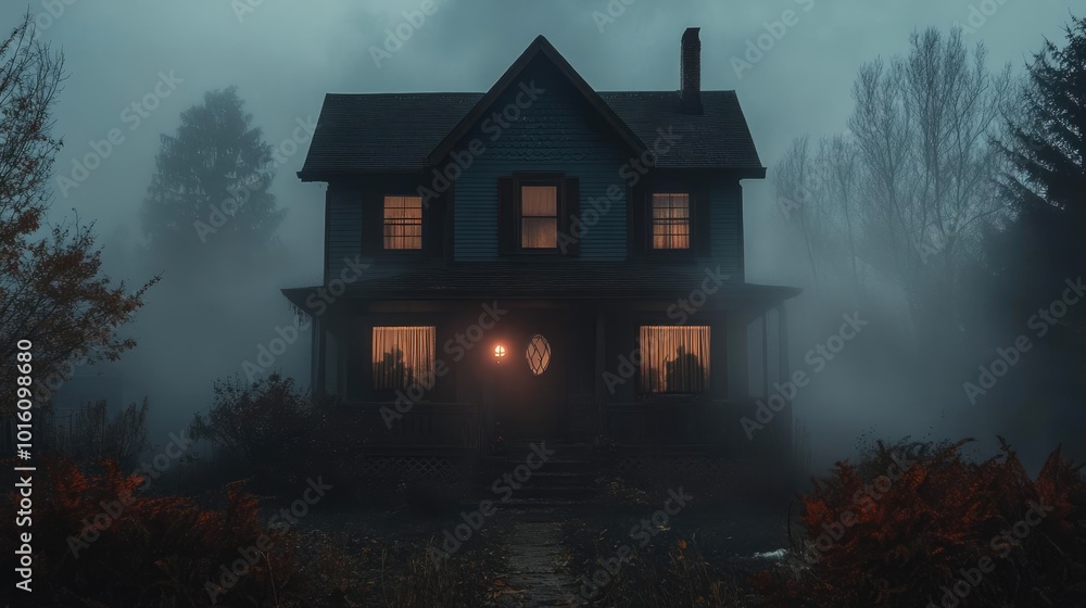 Eerie house surrounded by fog, illuminated windows create a haunting atmosphere. Perfect for horror or mystery themes. Eerie house surrounded by fog, illuminated windows create a haunting atmosphere. Perfect for horror or mystery themes.