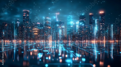 Wallpaper Mural Digital futuristic cityscape with tall skyscrapers, glowing blue and orange lights, and a cyberpunk aesthetic under a starry night sky.. Torontodigital.ca