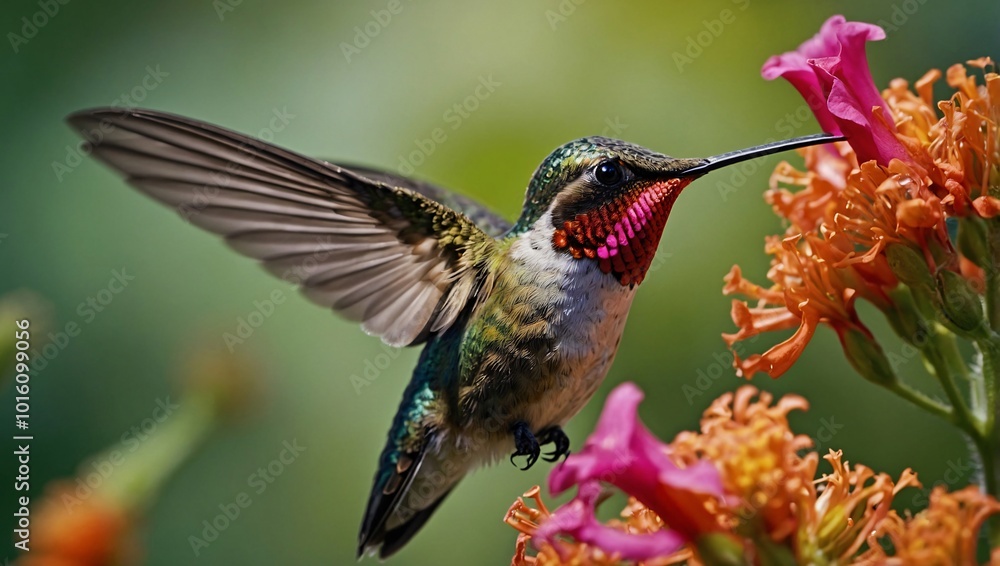 Fototapeta premium A hummingbird hovers near a cluster of vibrant flowers, displaying its iridescent green and blue plumage with a colorful throat. 