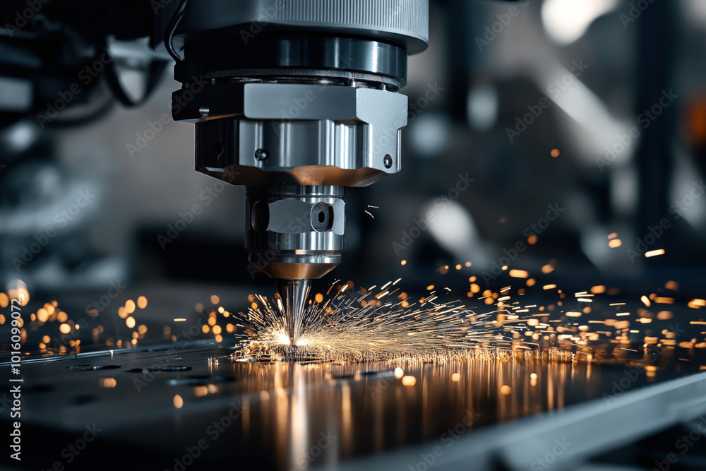 Close-up of a CNC machine performing laser cutting on a metal sheet, with bright sparks flying off. Industrial machinery in a manufacturing setting. Close-up of a CNC machine performing laser cutting on a metal sheet, with bright sparks flying off. Industrial machinery in a manufacturing setting.