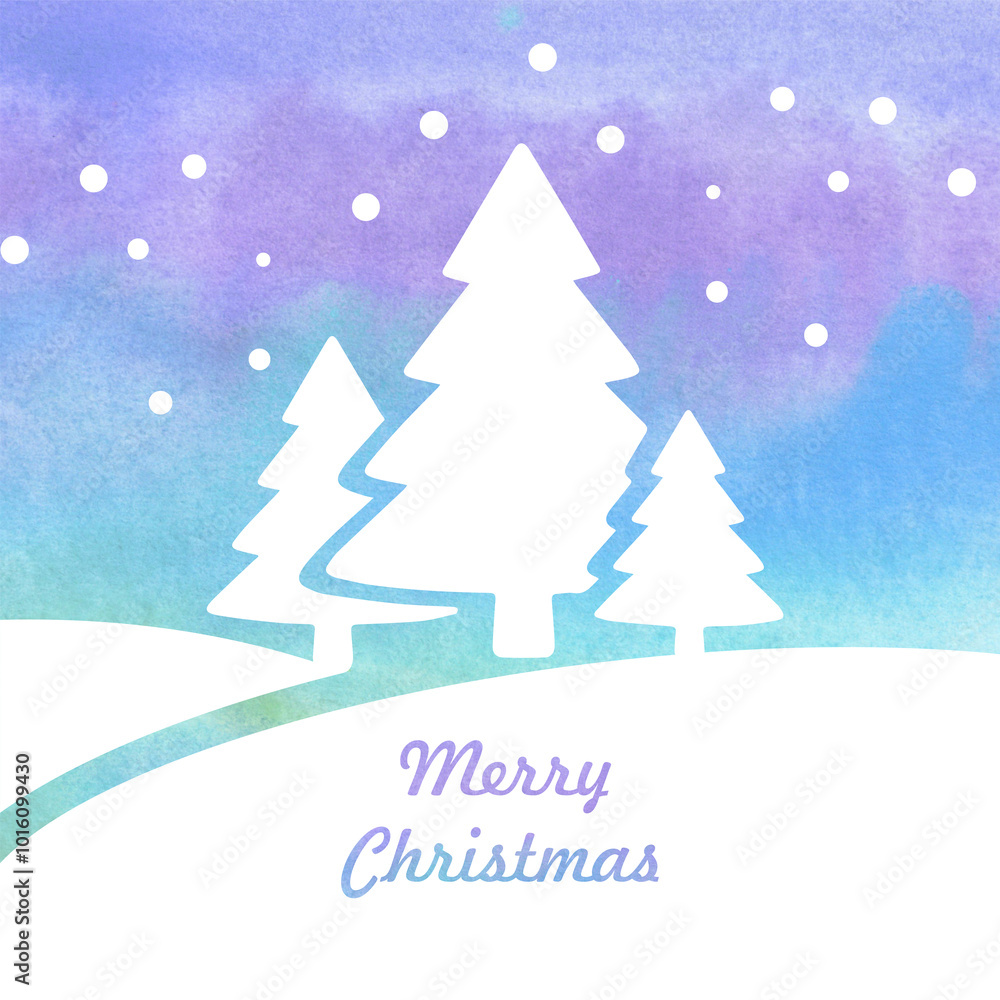 Merry Christmas and Happy New Year card. Watercolor illustration of winter landscape for greeting card, New Year party, invitations, cards, decorations, packaging Merry Christmas and Happy New Year card. Watercolor illustration of winter landscape for greeting card, New Year party, invitations, cards, decorations, packaging