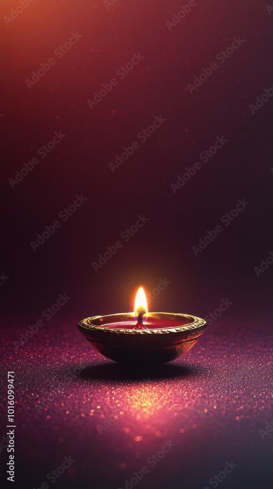 Single brass diya glowing brightly, set on a deep maroon-to-gold gradient backdrop with subtle glittery accents, copy space, happy Diwali background, traditional, Indian festival Single brass diya glowing brightly, set on a deep maroon-to-gold gradient backdrop with subtle glittery accents, copy space, happy Diwali background, traditional, Indian festival