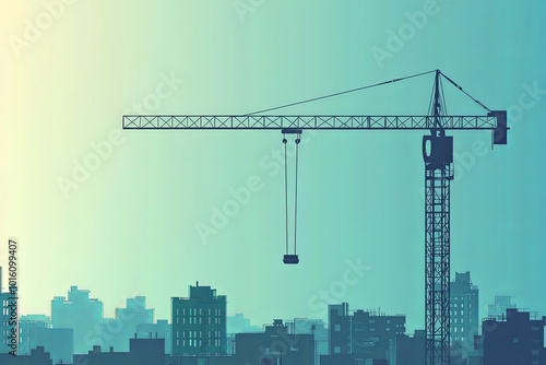 silhouette of tower crane lifting beam against cityscape backdrop, showcasing urban construction. scene evokes sense of progress and development in modern environment