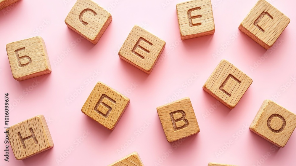 Wooden blocks with letters scattered on a pink background. Wooden blocks with letters scattered on a pink background.