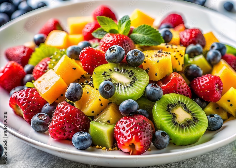 Colorful Fruit Salad with Chia Seeds on White Plate | Healthy Minimalist Photography Colorful Fruit Salad with Chia Seeds on White Plate | Healthy Minimalist Photography