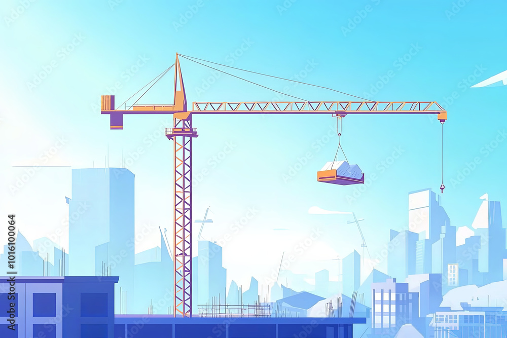 construction crane is lifting materials at building site, showcasing vibrant city skyline in background. scene captures essence of urban development and progress construction crane is lifting materials at building site, showcasing vibrant city skyline in background. scene captures essence of urban development and progress