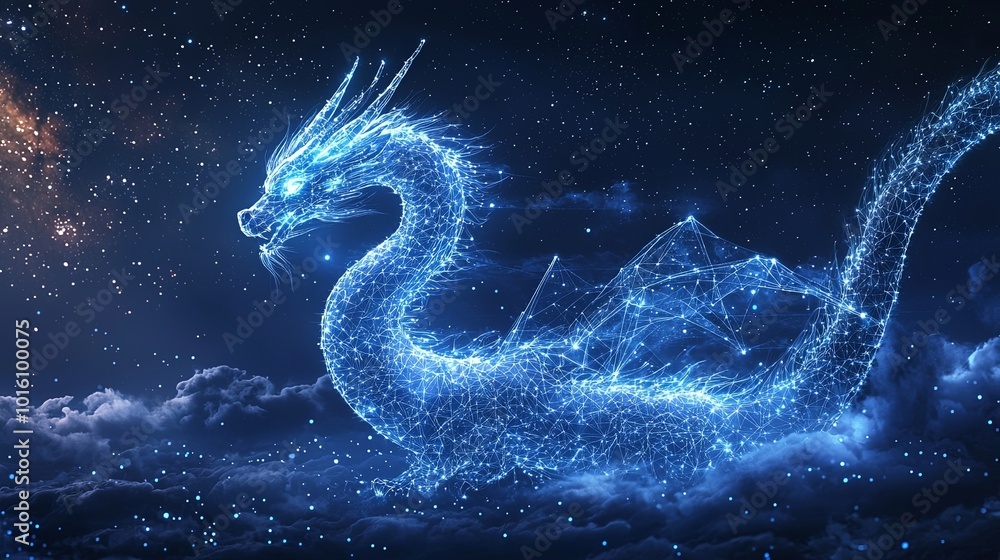 A majestic celestial dragon, composed of shimmering light and cosmic energy, gracefully soars through dreamlike cloudscapes under the night sky. A majestic celestial dragon, composed of shimmering light and cosmic energy, gracefully soars through dreamlike cloudscapes under the night sky.