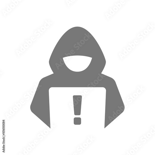 Hacker with laptop vector icon. Computer crime symbol.