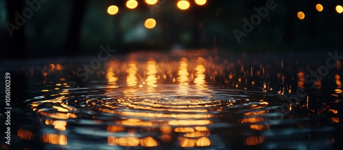 Close up of a water drop splashing in a puddle with the reflections of warm lights in the background.