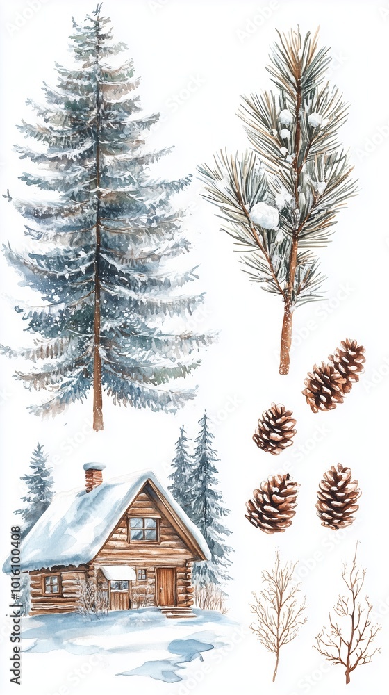 Fototapeta premium Winter forest elements featuring a cozy cabin, evergreen trees, pine branches, and pine cones in a snowy landscape