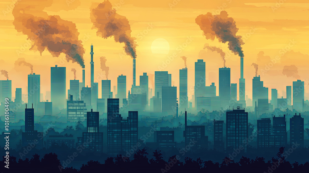 Urban skyline with dense smog and pollution, showcasing industrial buildings and smokestacks against sunset backdrop. scene evokes sense of environmental concern and urban life Urban skyline with dense smog and pollution, showcasing industrial buildings and smokestacks against sunset backdrop. scene evokes sense of environmental concern and urban life