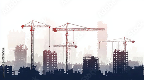 Modern urban construction cranes tower over city skyline, symbolizing growth and development. silhouettes of buildings create striking contrast against light background, evoking sense of progress and