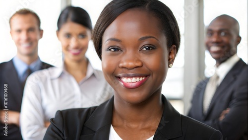 A confident young Black woman smiling with arms crossed in an office environment, with colleagues blurred in the background.