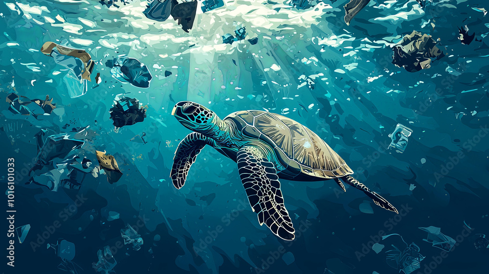 Obraz premium sea turtle swims gracefully through polluted ocean, surrounded by plastic waste and debris. This highlights urgent need for ocean conservation and impact of human activity on marine life