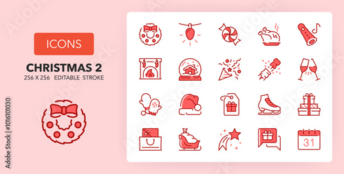 Line icons about christmas. Contains such icons as new year, decoration, carols and more. 256x256 Pixel Perfect editable in two colors. Set 2 of 2