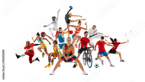Fototapeta Naklejka Na Ścianę i Meble -  Powerful compilation of athletes from different disciplines, showcasing diverse sports skills and team spirit against white backdrop. Concept of different kinds of sports, championship, league. Ad