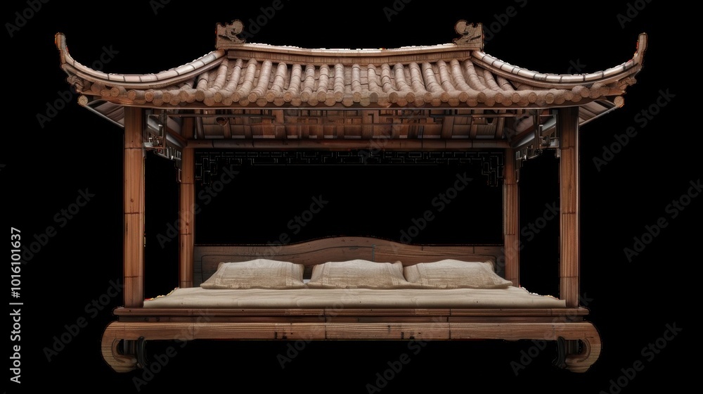 Traditional wooden Chinese bed with curved roof design Traditional wooden Chinese bed with curved roof design