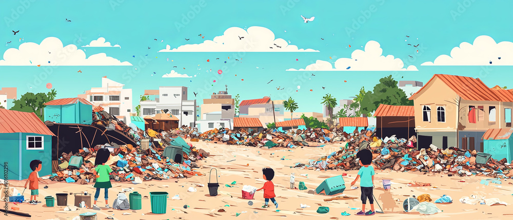 Obraz premium Children are seen cleaning garbage dump near their community, surrounded by piles of waste and dilapidated buildings. scene highlights importance of environmental awareness and community efforts