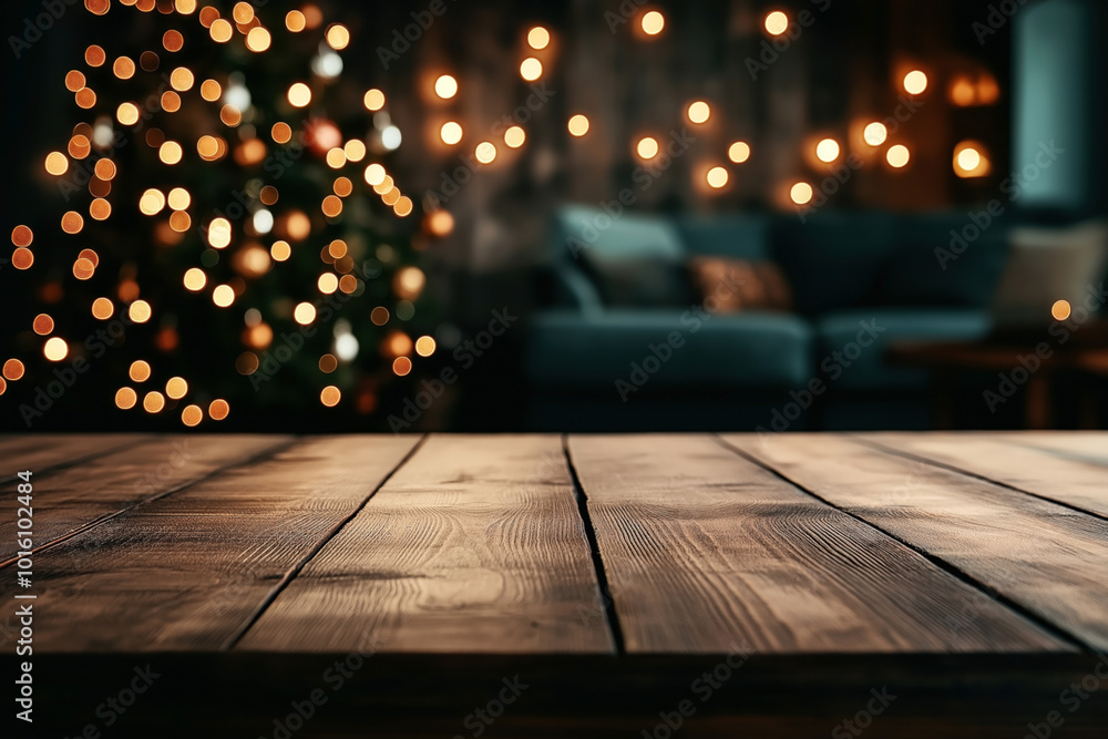 Christmas-themed background with a wooden table in the foreground, decorated tree and bokeh string lights, cozy living room setting Christmas-themed background with a wooden table in the foreground, decorated tree and bokeh string lights, cozy living room setting