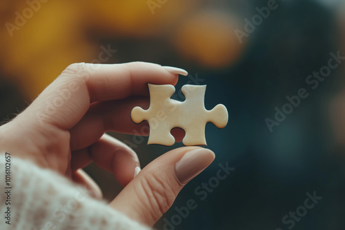 A woman holds a puzzle in her hand