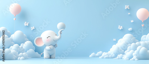 Cute Cartoon Elephant Holding Balloon in Blue Sky with Clouds.