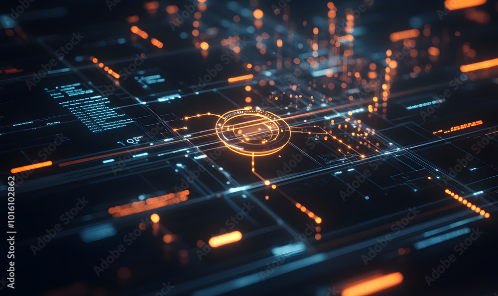 Fototapeta premium Futuristic financial dashboards and luxury business charts with glowing neon lines, gold accents, and connected nodes for corporate branding.