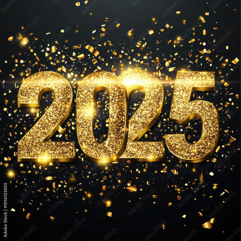 Happy New Year background with 2025 shiny golden numbers and confetti, glitter isolated background Happy New Year background with 2025 shiny golden numbers and confetti, glitter isolated background