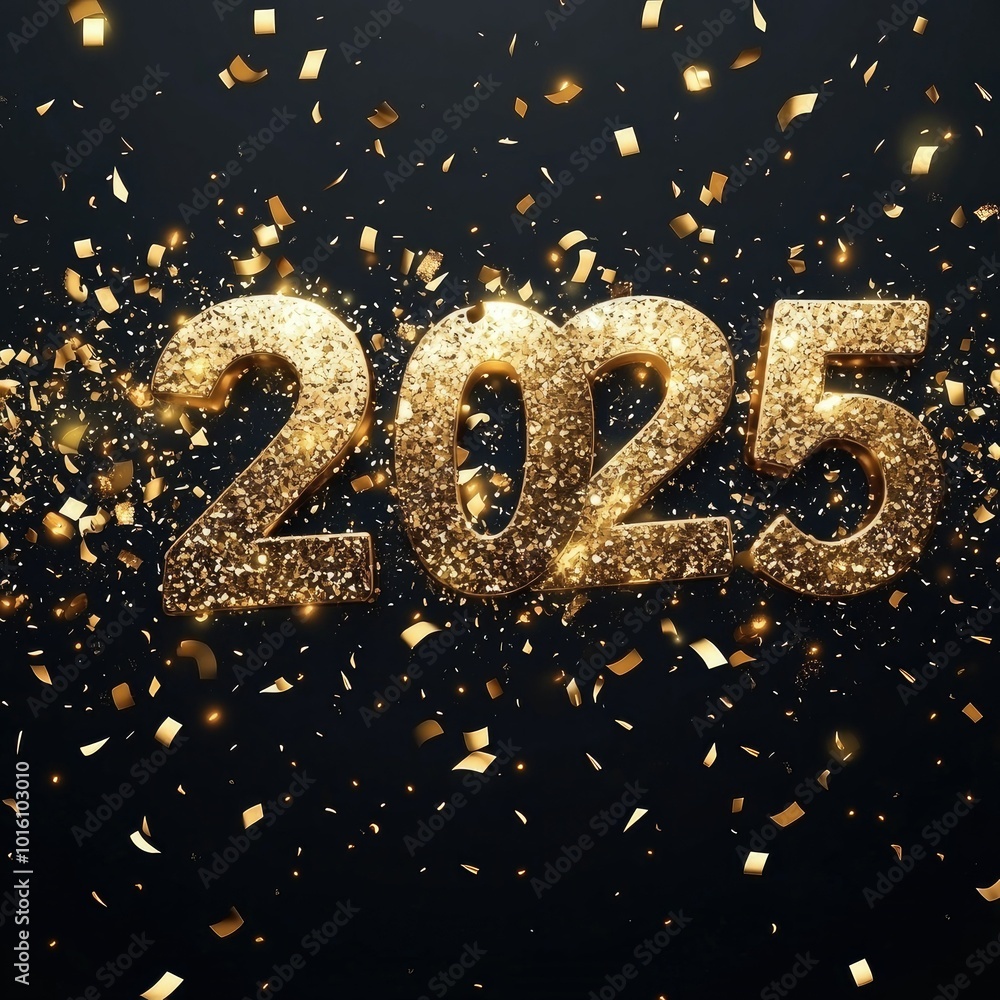 Happy New Year background with 2025 shiny golden numbers and confetti, glitter isolated background Happy New Year background with 2025 shiny golden numbers and confetti, glitter isolated background