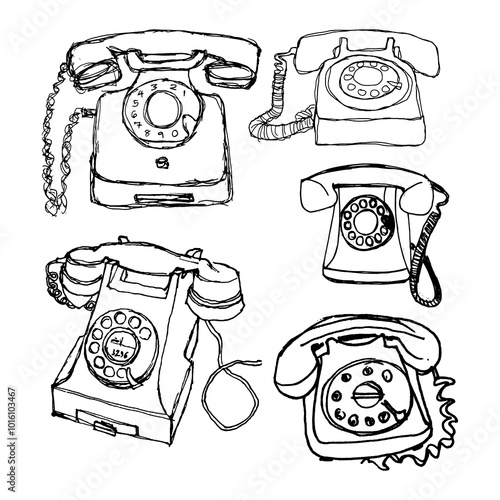 Black and White Telephone Rotary Dial Vector Illustration Set. Hand Drawn Pencil Sketch on White Background. Telecommunication Icon Design.