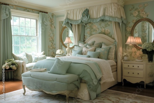 Vintage rococo bedroom duck egg blue and cream elegance and comfort. Majestic luxurious canopy bed four poster surrounded draping curtains. photo