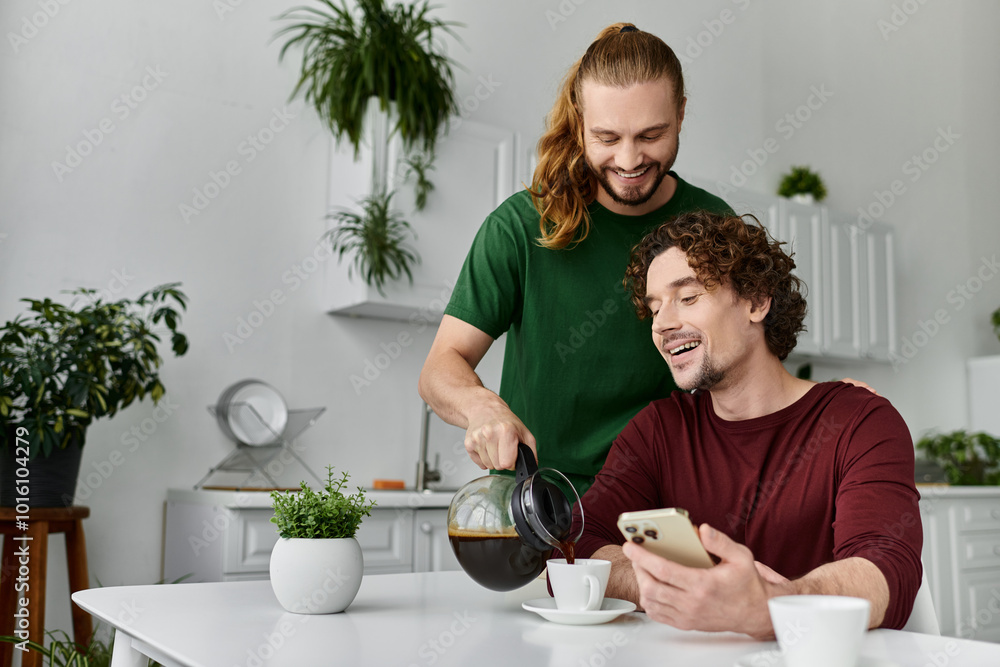 Two partners share a joyful moment over coffee in their cozy kitchen. Two partners share a joyful moment over coffee in their cozy kitchen.
