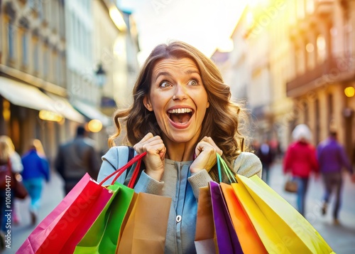 Happy Surprised Woman with Shopping Bags in a Vibrant Urban Setting