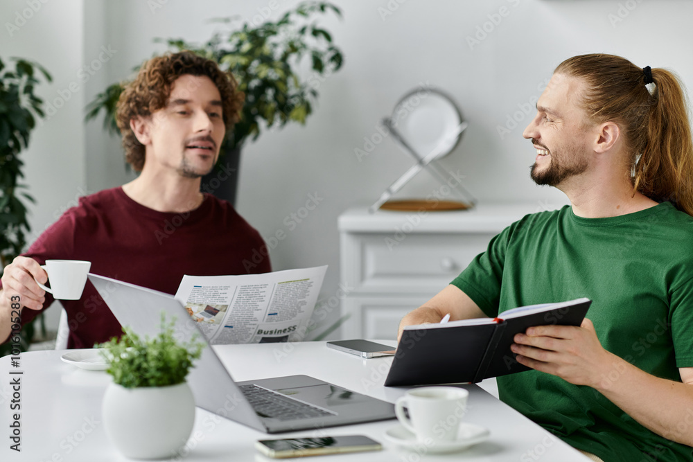 A loving couple enjoys coffee and conversation at their cozy kitchen table. A loving couple enjoys coffee and conversation at their cozy kitchen table.