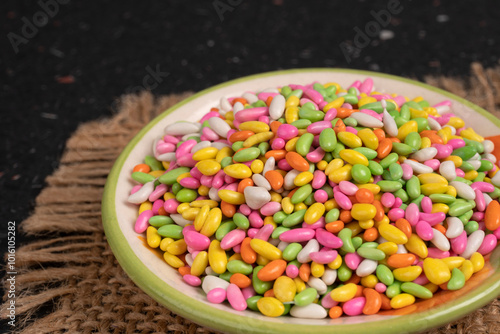 Sugar coated colorful candy wrapped around fennel seeds. Saunf Goli. Mouth Freshner Mix. Indian Mukwas or Mukhvas.