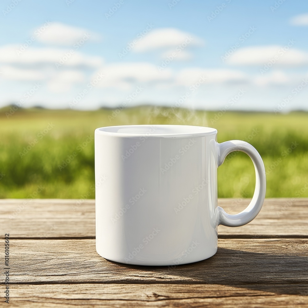 Obraz premium White Blank Coffee or Tea Mug on Wooden Table With Blurred Green Field Background, Mockup