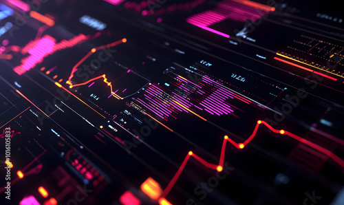 Futuristic financial dashboards and luxury business charts with glowing neon lines, gold accents, and connected nodes for corporate branding.