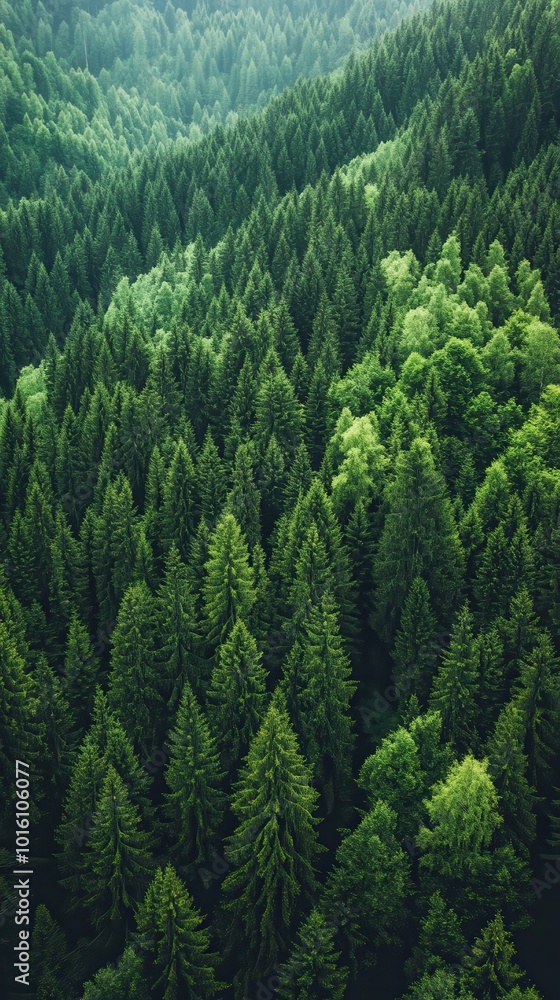The dense forest features towering evergreens and patches of lighter green trees under clear skies The dense forest features towering evergreens and patches of lighter green trees under clear skies