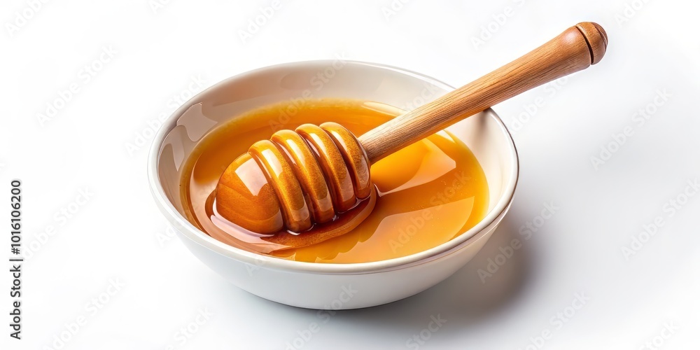 Linden honey fills a white bowl, accompanied by a wooden dipper, showcasing stunning macro photography perfect for culinary and natural product Linden honey fills a white bowl, accompanied by a wooden dipper, showcasing stunning macro photography perfect for culinary and natural product