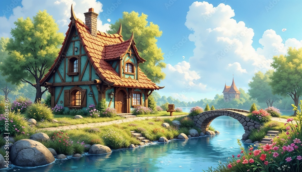 Naklejka premium Charming fairy-tale cottage surrounded by lush greenery and a serene river landscape