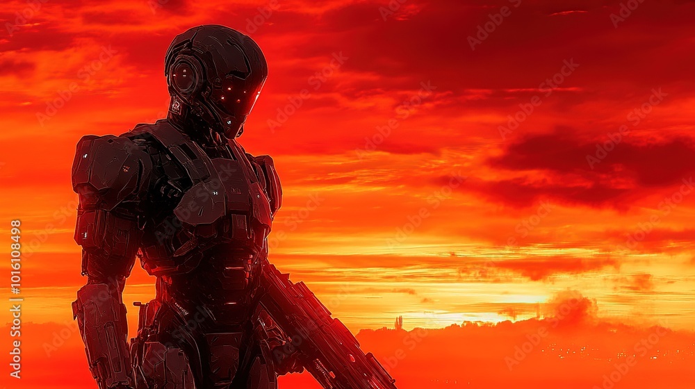 A futuristic soldier stands against a blood-red sunset overlooking a desolate terrain filled with eerie structures and shadows A futuristic soldier stands against a blood-red sunset overlooking a desolate terrain filled with eerie structures and shadows
